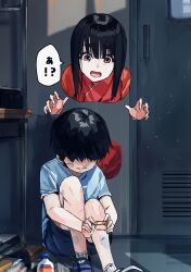 1boy 1girl bandaid black_hair blue_shirt blue_shorts child desk door funi_mu9 ghost ghost_girl hair_over_eyes highres hime_cut indoors injury japanese_clothes kimono on_floor open_mouth original red_kimono reflective_floor school_desk scratches shirt shoes short_hair shorts sitting socks surprised t-shirt