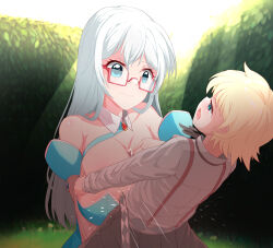 1boy 1girl age_difference blonde_hair blue_eyes blush breasts censored clothed_sex eleonore_bonnefoi farma_de_medicis grabbing_another&#039;s_breast groping highres huge_breasts isekai_yakkyoku juice long_hair looking_at_viewer mosaic_censoring open_mouth paizuri precum pt short_hair shota size_difference white_hair