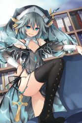 1girl black_boots black_panties blue_eyes book bookshelf boots breasts cross date_a_live detexted dress grey_dress grey_hair habit highres honjou_nia indoors lace-up_boots looking_at_viewer novel_illustration nun official_art open_mouth panties see-through_clothes see-through_dress short_hair smile solo string_panties thigh_boots thighs third-party_edit third-party_source tsunako underwear