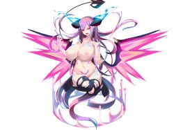1girl angry arms_up black_horns black_thighhighs blue_fire breasts demon_girl demon_horns demon_tail demon_wings energy energy_wings eyes_visible_through_hair facial_tattoo fire floating floating_hair full-body_tattoo game_cg glowing glowing_eyes glowing_wings gradient_hair hairband heart heart_tail horns huge_breasts legs_up lilith_origin_(mon-musu_quest!) long_hair magic_circle mon-musu_quest! mon-musu_quest:_paradox multicolored_hair navel neck_tattoo nipples non-web_source nose nude purple_hair purple_hairband red_eyes shiki_(psychedelic_g2) tail tattoo thighhighs torn_clothes torn_thighhighs variant_set very_long_hair wings