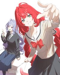 2girls absurdres asiri_senpai black_skirt black_sweater blue_skirt bocchi_the_rock! breasts commentary cosplay eating food_in_mouth green_eyes grey_shirt hasegawa_ikumi highres kita_ikuyo kita_ikuyo_(cosplay) long_hair looking_at_viewer medium_breasts mizuno_saku multiple_girls pointy_ears purple_hair reaching reaching_towards_viewer red_eyes red_hair shirt simple_background sitting skirt sweater ukinami_yuzuha vivian_banshee voice_actor_connection white_background yamada_ryo yamada_ryo_(cosplay) zenless_zone_zero