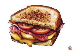 art_neverath artist_logo bacon bread bread_slice cheese commentary english_commentary food food_focus highres logo meat no_humans original procreate_(medium) sandwich simple_background toast tomato tomato_slice white_background