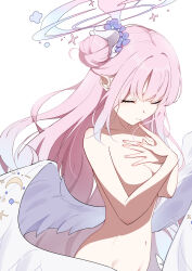 Rule 34 | 1girl, absurdres, angel wings, bare shoulders, blue archive, breasts, closed eyes, closed mouth, collarbone, commentary request, completely nude, convenient censoring, covering breasts, covering privates, crescent, feathered wings, gokusaishiki (1376145360), hair bun, halo, hands on own chest, highres, long hair, low wings, medium breasts, mika (blue archive), navel, nude, pink hair, pink halo, single hair bun, solo, white background, wings