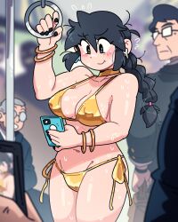 1girl 6+boys arm_support bikini braid breasts curvy female_pervert gold_bikini hetero highres holding holding_phone long_hair looking_at_another lucia_(scott_malin) medium_breasts multiple_boys naughy_face navel original pervert phone public_indecency scott_malin self_bondage shiny_skin side-tie_bikini_bottom single_braid smile sweat sweatdrop swimsuit symbol-shaped_pupils thong thong_bikini train train_interior wide_hips you_gonna_get_raped