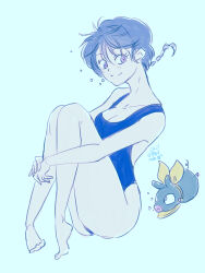 1girl air_bubble animal braid breasts bubble cleavage collarbone full_body hugging_own_legs looking_at_viewer nannno0007 one-piece_swimsuit p-chan pig ranma-chan ranma_1/2 swimsuit underwater