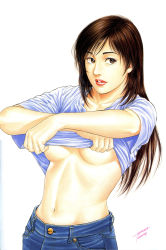 00s 1girl 2000 absurdres artist_name breasts brown_eyes brown_hair clothes_lift denim family_compo female_focus highres houjou_tsukasa lifting_own_clothes linea_alba long_hair looking_at_viewer medium_breasts midriff navel no_bra official_art parted_lips shirt shirt_lift simple_background solo standing t-shirt underboob undressing upper_body wakanae_shion white_background