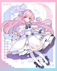 1girl :d black_shoes blue_archive blue_border blue_bow blue_bowtie blush border bow bowtie bright_pupils capelet commentary dot_nose dress feathered_wings full_body gradient_border hair_bun halo hand_up high_heels highres long_hair looking_at_viewer mika_(blue_archive) open_mouth outline pantyhose pink_border pink_hair pink_halo purple_scrunchie scrunchie shirocha_tei shoes smile solo twitter_username white_capelet white_dress white_outline white_pantyhose white_pupils white_wings wings wrist_scrunchie yellow_eyes