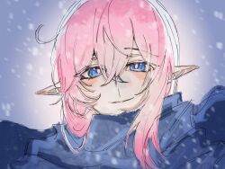 Rule 34 | 1girl, blue eyes, blue sweater, chinese commentary, commentary request, dai3844152, elf, elysia (honkai impact), highres, honkai (series), honkai impact 3rd, long hair, looking at viewer, pink hair, pink pupils, pointy ears, pov, smile, snowing, solo, sweater, turtleneck, turtleneck sweater, upper body