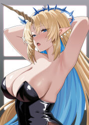 Rule 34 | 1girl, absurdres, armpits, arms behind back, black leotard, blonde hair, blue eyes, blue hair, blush, breasts, cleavage, colored inner hair, commentary, crown of thorns, earrings, fleurdelys (wuthering waves), floating earrings, highres, horns, jewelry, large breasts, leotard, long hair, long horns, looking at viewer, multicolored hair, open mouth, parted bangs, pointy ears, sidelocks, single horn, solo, tacet mark (wuthering waves), twomoon, upper body, very long hair, wuthering waves, yellow horns