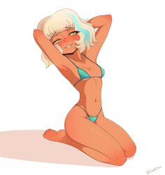 1girl armpits arms_behind_head artist_name bikini blonde_hair blush breasts feet green_bikini green_eyes highres jackie_lynn_thomas kneeling legs lip_biting looking_at_viewer navel seductive_smile short_hair small_breasts smile solo star_vs_the_forces_of_evil swimsuit tan thighs