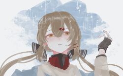 1girl black_gloves black_ribbon blush brown_hair commentary_request fingerless_gloves gloves hac_(kt28c) hair_between_eyes hair_ribbon kantai_collection long_hair long_sleeves looking_at_viewer low_twintails parted_lips ribbon scarf simple_background solo star_(symbol) tashkent_(kancolle) twintails upper_body white_scarf