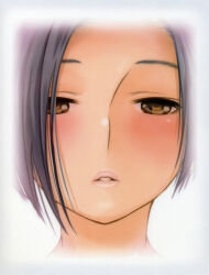 1girl absurdres asymmetrical_hair black_hair blush bob_cut brown_eyes close-up forehead half-closed_eyes highres incoming_kiss kobayakawa_rinko love_plus official_art parted_bangs parted_lips scan short_hair solo