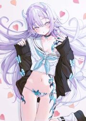 1girl :o black_choker black_jacket black_shoes blue_nails blue_sailor_collar blush breast_tattoo breasts choker highres horns jacket leg_tattoo leg_warmers long_hair looking_at_viewer midriff nail_polish navel open_mouth original panties petite pointy_ears purple_eyes purple_hair sailor_collar sailor_shirt sanada_keisui school_uniform serafuku shirt shoes shoulder_tattoo single_off_shoulder small_breasts solo tattoo thighs underwear very_long_hair white_background white_horns white_panties white_serafuku white_tail