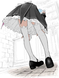 Rule 34 | 1girl, bent over, black dress, black sleeves, blue hair, commentary, detached sleeves, dress, frilled dress, frills, from below, hands on own knees, highres, leaning forward, mameroku, re:zero kara hajimeru isekai seikatsu, rem (re:zero), roswaal mansion maid uniform, short hair, sketch background, solo, thighhighs, thighs, white thighhighs