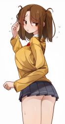 1girl absurdres ass blush bow bowtie breasts brown_eyes brown_hair collared_shirt deko_morii grey_skirt highres kneehighs long_sleeves looking_at_viewer looking_back medium_breasts parted_bangs shirt short_hair skirt socks solo sweater tsukihime two_side_up white_shirt yellow_sweater yumizuka_satsuki