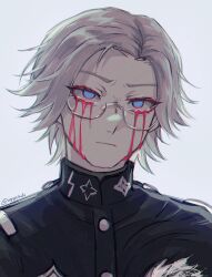 1boy aotsuki_eito blood bloody_tears blue_eyes commentary eggslads english_commentary eyeliner gakuran glasses grey_hair highres hole_in_chest hole_on_body last_defense_academy_school_uniform light_frown looking_at_viewer makeup male_focus portrait red_eyeliner school_uniform short_hair simple_background solo the_hundred_line_-last_defense_academy- twitter_username white_background