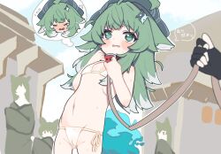 1girl 4others @_@ ahoge animal_ears bdsm belt_collar bikini black_gloves blush cameltoe collar colored_tips commentary_request commission cowboy_shot embarrassed fang fingerless_gloves flat_chest gloves green_eyes green_hair highres honkai:_star_rail honkai_(series) huohuo_(honkai:_star_rail) leash loli multicolored_hair multiple_others parted_lips people pov pov_hands red_collar side-tie_bikini_bottom skeb_commission slave speech_bubble spoken_character sweat swimsuit thought_bubble translation_request two-tone_hair viewer_holding_leash white_bikini white_hair yin_yang zeru_(wisel_army)