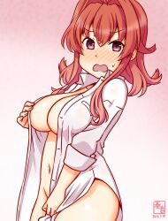 1girl alternate_costume arashi_(kancolle) artist_logo breasts cleavage collared_shirt dated dress_shirt gradient_background kanon_(kurogane_knights) kantai_collection large_breasts logo looking_at_viewer medium_breasts naked_shirt navel no_panties open_mouth pink_background purple_eyes red_hair shirt solo white_shirt