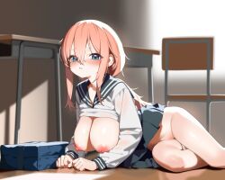 1girl absurdres bag black_sailor_collar black_skirt blue_bag blue_eyes blurry blurry_background blush bottomless breasts censored chair clothes_lift commentary_request desk highres large_breasts long_hair long_sleeves looking_at_viewer michinoku_komaro mosaic_censoring nipples no_bra no_panties on_floor pink_hair pussy sailor_collar school_bag school_chair school_desk school_uniform seitokai_ni_mo_ana_wa_aru! serafuku shirt shirt_lift skirt skirt_lift solo thighs white_shirt yunjuice