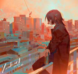 1girl 2025 absurdres artist_name can cityscape commentary dated from_side highres holding holding_can long_coat original short_hair solo yenkurl
