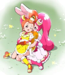 2girls animal_ears arisugawa_himari bad_id bare_shoulders blush boots bug butterfly commentary_request cure_custard cure_whip curly_sidelocks day dress earrings elbow_gloves frilled_dress frills gloves hand_under_dress high_ponytail highres implied_fingering insect jewelry kirakira_precure_a_la_mode long_hair magical_girl multiple_girls on_ground one_eye_closed open_mouth orange_hair orange_shoes outdoors pink_boots pink_dress pink_eyes pink_hair ponytail precure puffy_short_sleeves puffy_sleeves rabbit_ears rabbit_girl shoes short_bangs short_sleeves sitting socks squirrel_girl twintails usami_ichika white_gloves yakizakana_(yakizakana10967) yellow_dress yellow_socks yuri
