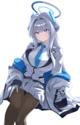 Rule 34 | 1girl, :/, absurdres, arm support, blazer, blue archive, blue halo, blue jacket, blue necktie, blunt bangs, breasts, brown pantyhose, commentary, danyun 03, dress shirt, gloves, grey gloves, grey hair, grey jacket, grey skirt, hair intakes, halo, highres, huge breasts, invisible chair, jacket, light blush, long hair, looking at viewer, multicolored jacket, necktie, noa (blue archive), off shoulder, open clothes, open jacket, pantyhose, pleated skirt, purple eyes, shirt, sidelocks, sitting, skirt, solo, two-sided fabric, two-sided jacket, two-tone jacket, very long hair, white background, white shirt