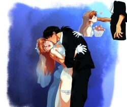 1boy 1girl age_difference amondetauro black_hair blush bouquet breasts bridal_veil cleavage commentary corset erection fishnet_thighhighs fishnets flower formal_clothes gloves heart hetero highres kaji_ryouji kissing_penis licking licking_another&#039;s_neck lingerie low_ponytail mature_male medium_breasts neon_genesis_evangelion orange_hair panties penis ponytail shirt sitting souryuu_asuka_langley suit thighhighs uncensored underwear veil veins veiny_penis white_corset white_gloves white_panties white_shirt