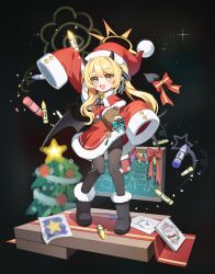 1girl :d absurdres alternate_costume bat_wings black_background black_boots black_pantyhose black_wings blonde_hair blue_archive boots christmas christmas_tree commentary crayon demon_girl demon_horns demon_tail drawing_(object) full_body halo hat highres horns ibuki_(blue_archive) long_hair mearyo open_mouth orange_halo pantyhose pointy_ears red_hat revision santa_hat side_ponytail simple_background sleeves_past_fingers sleeves_past_wrists smile solo stuffed_animal stuffed_toy tail teddy_bear wings yellow_eyes