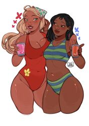 2girls artist_logo bikini black_hair blonde_hair breasts commentary cup dark-skinned_female dark_skin disney english_commentary highres holding holding_cup hug ice ice_cube kamii_momoru lifeguard_(lilo_&amp;_stitch) lilo_&amp;_stitch logo looking_at_viewer multiple_girls nani_pelekai navel one-piece_swimsuit red_one-piece_swimsuit simple_background striped_bikini striped_clothes swimsuit white_background