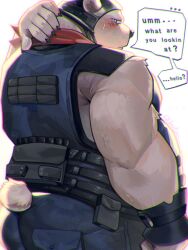 ... 1boy animal_ears bara bear_boy bear_ears bear_tail blush claws closed_mouth commentary english_commentary fortnite from_behind furry furry_male highres looking_at_viewer looking_back male_focus neckerchief polar_patroller_(fortnite) profile red_neckerchief speech_bubble sweatdrop tail tazaa_(unatazaamarilla) white_background