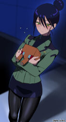 1girl artist_name black_hair black_pantyhose blue_skirt blush breasts commentary_request conch_(gundam) green_jacket gundam gundam_gquuuuuux hair_bun highres jacket long_sleeves looking_at_viewer medium_hair nyaan_(gundam_gquuuuuux) pantyhose pencil_skirt skirt small_breasts solo thighs twitter_username unadon yellow_eyes
