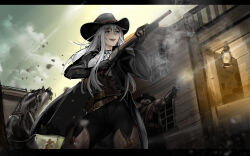 Rule 34 | 1boy, 1girl, 1other, absurdres, ayou (aukuamani), balcony, beard, belt, black border, black gloves, black hat, black jacket, black pants, blurry, blurry foreground, boots, border, breasts, bridle, brown eyes, building, cigarette, collared shirt, commentary, commission, cowboy, cowboy boots, cowboy hat, cowboy shot, cowboy western, cowgirl (western), debris, english commentary, faceless, faceless male, facial hair, finger on trigger, firing, fringe trim, from below, gloves, gun, handgun, hat, highres, holding, holding gun, holding weapon, horse, jacket, lantern, lens flare, letterboxed, lever action, long sleeves, medium breasts, open mouth, original, outdoors, pants, poncho, railing, reins, revolver, shirt, shotgun, sky, smile, smoke, teeth, weapon, weapon request, western, white hair, white shirt, winchester model 1887, window