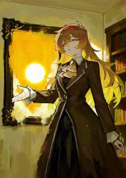 Rule 34 | 1girl, ascot, atris2nd, black pants, bookshelf, brown coat, brown eyes, brown hair, coat, colored inner hair, grin, hairband, highres, library of ruina, long hair, long sleeves, looking at viewer, malkuth (project moon), multicolored hair, painting (object), pants, project moon, red hairband, simple background, smile, solo, standing, upper body, yellow ascot, yellow brooch