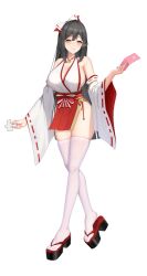 1girl bare_hips bare_shoulders bell between_fingers black_hair blue_eyes bow breasts cleavage cleavage_cutout clothing_cutout detached_sleeves exorcist_onmyoji furisode_sleeves game_cg geta groin hair_bow heterochromia holding japanese_clothes kimono large_breasts long_hair nontraditional_miko official_art ofuda ofuda_between_fingers open_mouth paper_cutout paper_doll pelvic_curtain shikigami shiny_skin sideboob skindentation smile teeth thighhighs thighs very_long_hair white_thighhighs yellow_eyes tsuki_(exorcist_onmyoji)