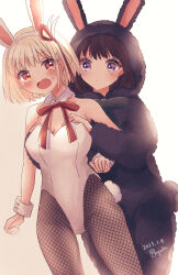 2girls absurdres animal_costume animal_ears arupaka5tuki black_hair blonde_hair blush closed_mouth commentary_request dated detached_collar fishnet_pantyhose fishnets grabbing_another&#039;s_breast grabbing_from_behind gradient_background groping hair_ribbon hand_under_clothes highres inoue_takina leotard long_hair lycoris_recoil multiple_girls neck_ribbon nishikigi_chisato onesie open_mouth pantyhose playboy_bunny purple_eyes rabbit_costume rabbit_ears red_eyes red_ribbon ribbon short_hair strapless strapless_leotard sweatdrop white_background white_leotard wrist_cuffs yellow_background yuri