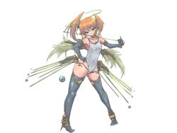 1girl angel angel_wings armpits arrow_(projectile) bare_shoulders blue_gloves blue_thighhighs breasts closed_mouth covered_erect_nipples covered_navel detached_sleeves elbow_gloves feathered_wings full_body game_cg gloves green_halo halo hand_on_own_hip holding holding_arrow large_variant_set licking licking_weapon metatron_(mon-musu_quest!) mon-musu_quest! mon-musu_quest:_paradox no_shoes one-piece_swimsuit orange_hair pointy_ears red_eyes small_breasts swimsuit thighhighs twintails variant_set weapon white_one-piece_swimsuit wings xelvy