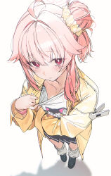1girl absurdres ahoge black_shoes black_skirt blue_archive blush closed_mouth collarbone commentary_request drive_shot foreshortening full_body hair_bun hair_intakes hair_ornament hair_scrunchie halo highres jacket loafers long_sleeves looking_at_viewer natsu_(band)_(blue_archive) natsu_(blue_archive) official_alternate_costume official_alternate_hairstyle open_clothes open_jacket pink_eyes pink_hair pink_halo pleated_skirt print_shirt pulling_own_clothes scrunchie shirt shoes simple_background single_hair_bun single_side_bun skirt socks solo standing sweat white_background white_shirt white_socks yellow_jacket yellow_scrunchie