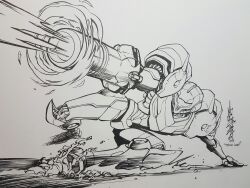 1girl alex_milne arm_cannon armor commentary commission english_commentary full_armor highres lineart metroid metroid_prime nintendo power_suit power_suit_(metroid) samus_aran shoulder_pads signature sliding solo weapon