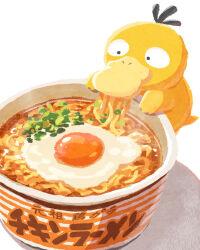 commentary_request creatures_(company) eating egg_(food) food game_freak gen_1_pokemon miclot nintendo no_humans noodles pokemon pokemon_(creature) psyduck simple_background soup white_background