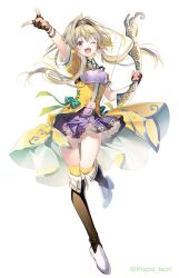 1girl ;d armor belt blonde_hair boots bow_(weapon) breastplate coat finger_gun fingerless_gloves floating_hair full_body gloves hair_intakes hairband holding holding_bow_(weapon) holding_weapon ieiri_popo knee_boots long_hair low_twintails miniskirt nanashi_inc. navel official_art one_eye_closed open_mouth purple_eyes riichu simple_background skirt smile solo standing standing_on_one_leg tachi-e twintails twitter_username virtual_youtuber weapon white_background yellow_coat