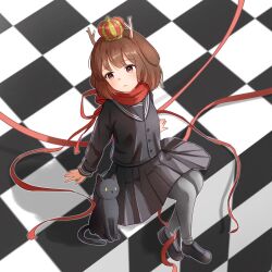 Rule 34 | 1girl, animal ears, antlers, arm support, black cat, black sailor collar, black serafuku, black shoes, black skirt, blunt bangs, brown eyes, brown hair, buttons, cat, checkered floor, crown, deer antlers, deer ears, deer girl, dot nose, franky7702, frown, grey pantyhose, hashtag, highres, horns, indie utaite, kano (utaite), light blush, loafers, long sleeves, looking to the side, medium hair, mini crown, pantyhose, pleated skirt, red ribbon, red scarf, ribbon, sailor collar, scarf, school uniform, serafuku, shoes, sitting, skirt, solo