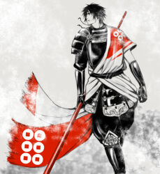 Rule 34 | armor, black hair, headband, male focus, monochrome, polearm, sanada yukimura, sengoku musou, sketch, spear, weapon, yoshicha