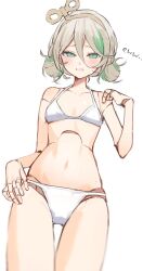 1girl absurdres alternate_costume aotake_iro blush cecilia_immergreen commentary doll_joints double_bun flat_chest green_eyes green_hair grey_hair hair_between_eyes hair_bun highres hololive hololive_english joints multicolored_hair simple_background solo symbol-only_commentary thigh_gap two-tone_hair virtual_youtuber white_background winding_key