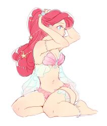 Rule 34 | 1girl, adjusting hair, alternate costume, animification, anklet, ariel (disney), bare arms, bare legs, bare shoulders, barefoot, bead anklet, bead armlet, beads, bikini, blue eyes, breasts, cleavage, commentary request, eyelashes, full body, hair beads, hair ornament, jewelry, kneeling, light blush, lipstick, long hair, makeup, medium breasts, mizuno (iori-amu), navel, nostrils, parted lips, pink bikini, ponytail, red hair, red lips, shell, shell bikini, shell hair ornament, simple background, solo, starfish hair ornament, stomach, swimsuit, the little mermaid (disney), white background