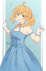 Rule 34 | 1girl, absurdres, ahoge, armpits, blonde hair, blue dress, blush, breasts, cleavage, dress, embarrassed, eyebrows hidden by hair, from side, gloves, green eyes, highres, looking at viewer, medium breasts, medium hair, mushoku tensei, norn greyrat, open mouth, ponytail, root (1732050807point), simple background, solo, sparkle, upper body, white gloves, white wrist cuffs, wrist cuffs