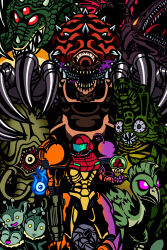 absurdres armor boss_fight canofcrows07 chozo_statue dachora_(metroid) draygon etecoon_(metroid) gravity_suit_(metroid) helmet highres kraid metroid metroid_(creature) metroid_larva mother_brain nintendo phantoon poster_(object) power_armor ridley samus_aran super_metroid varia_suit