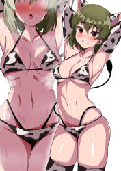 1girl absurdres animal_ears animal_print armpits arms_behind_head bikini blush breasts brown_eyes cow_ears cow_print cow_print_bikini cow_print_gloves cow_print_thighhighs cow_tail elbow_gloves fake_animal_ears fake_tail gloves green_hair grin highres idolmaster idolmaster_million_live! itou_souta looking_at_viewer multiple_views nagayoshi_subaru navel no_eyes print_bikini print_gloves print_thighhighs short_hair simple_background skindentation smile standing sweat swimsuit tail thighhighs white_background