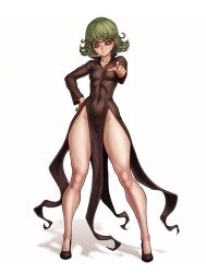 Rule 34 | 1girl, black dress, black shoes, breasts, bright pupils, curly hair, dress, flipped hair, full body, green eyes, green hair, hand on own hip, highres, long sleeves, no panties, one-punch man, pointing, pointing at viewer, redteneri, shoes, side slit, small breasts, solo, tatsumaki, tight clothes, white background