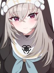 1girl absurdres black_dress black_veil blue_archive blue_neckerchief blush closed_mouth collar crossed_bangs dress grey_hair hair_between_eyes highres long_hair looking_at_viewer naryu neckerchief nun purple_eyes sakurako_(blue_archive) smile solo upper_body veil white_collar