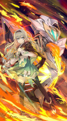 1girl absurdres aqua_skirt armor black_hairband black_jacket black_thighhighs blue_pupils closed_mouth cropped_jacket firefly_(honkai:_star_rail) full_body geez green_background green_light grey_hair hairband henshin_pose highres honkai:_star_rail honkai_(series) jacket light_particles long_hair looking_at_viewer mecha multicolored_eyes neckerchief orange_neckerchief purple_eyes robot sam_(honkai:_star_rail) shirt signature skirt solo thighhighs two-tone_eyes white_armor white_shirt